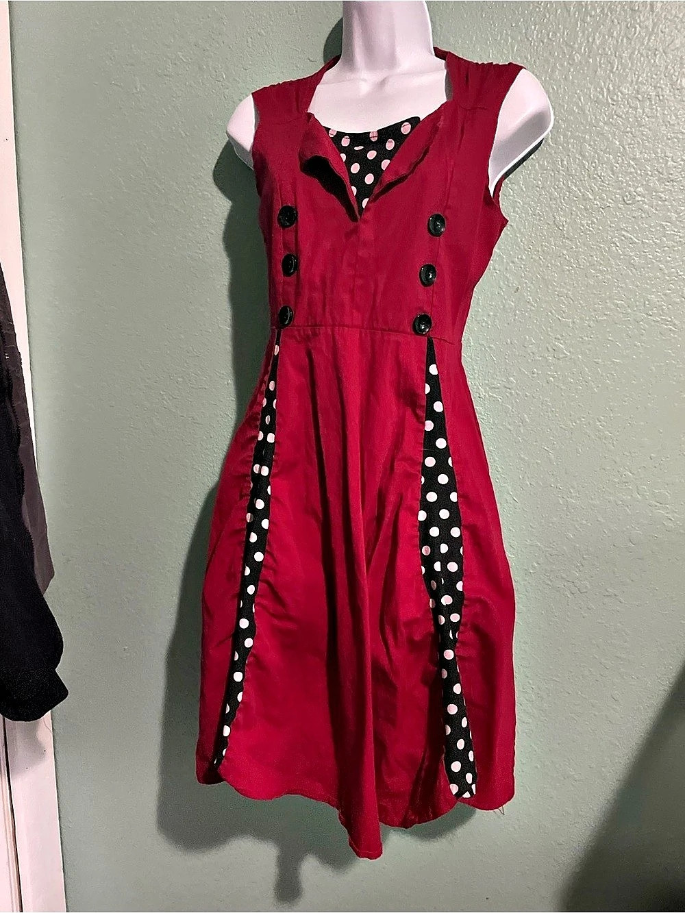 Polka Dot Panel Midi Dress in Red & Black Like New